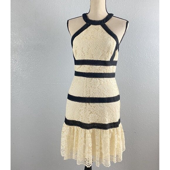 size 0 BCBGMaxazria banded‎ Lace Halter neck fit & flare Dress Cream Black - Picture 1 of 11